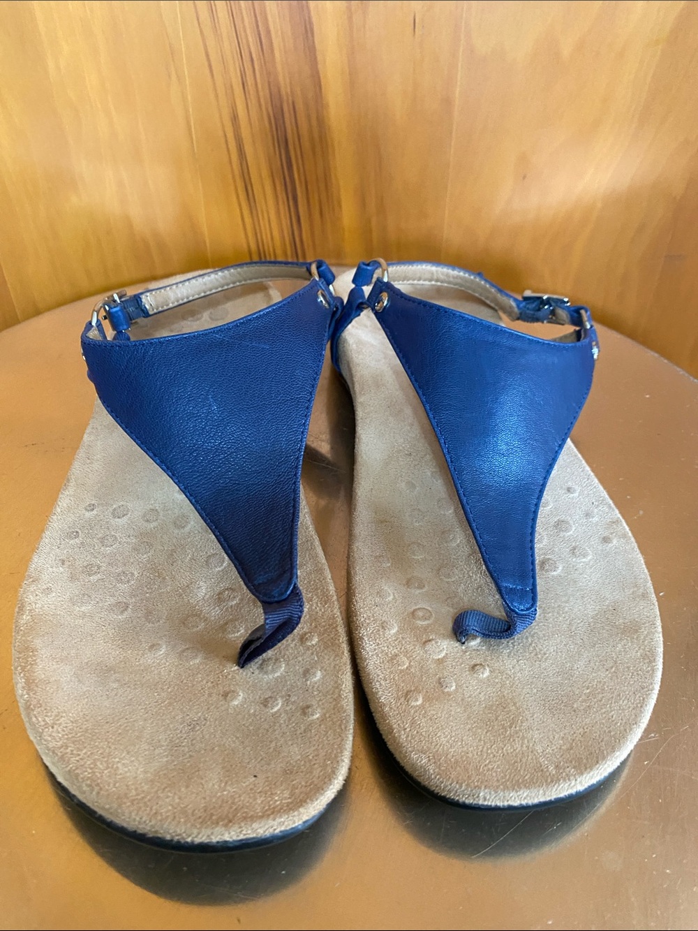 Vionic Kirra Navy Blue Leather Thong Sandals Silver Hardware Cushioned - Picture 2 of 8